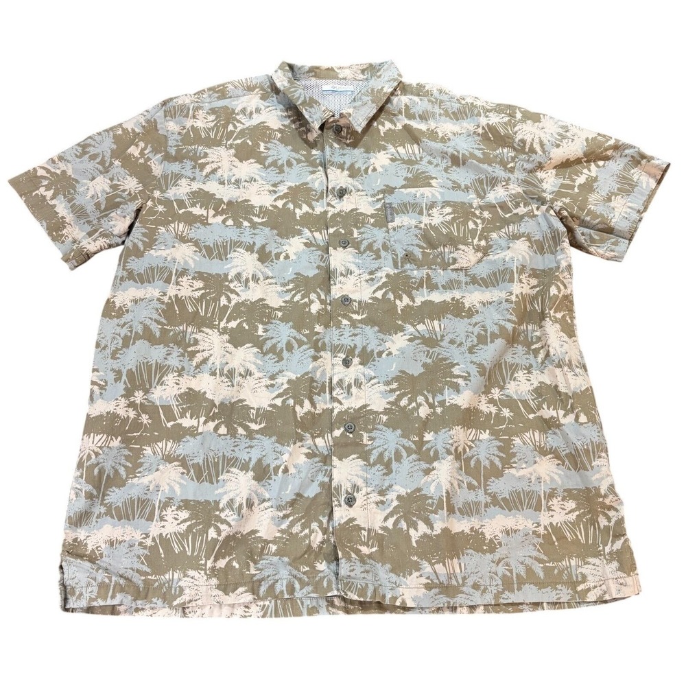 Columbia Mens Large Tropical Palm Print Shirt Short Sleeve Cotton Mesh Lined PFG